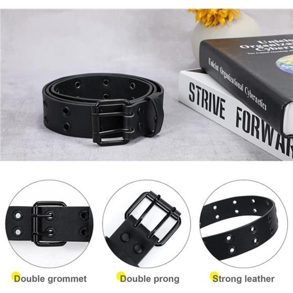 XZQTIVE Double Grommet PU Leather Belt Punk metal Jean Belt Wide 1.5 Inch main image 4